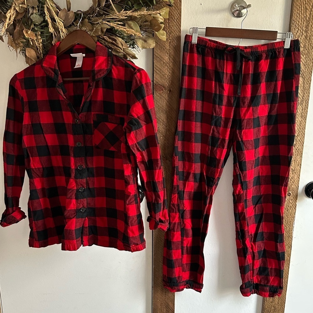 Wonder-shop Women Red Buffalo Check Flannel Pajamas Set Small christmas holiday